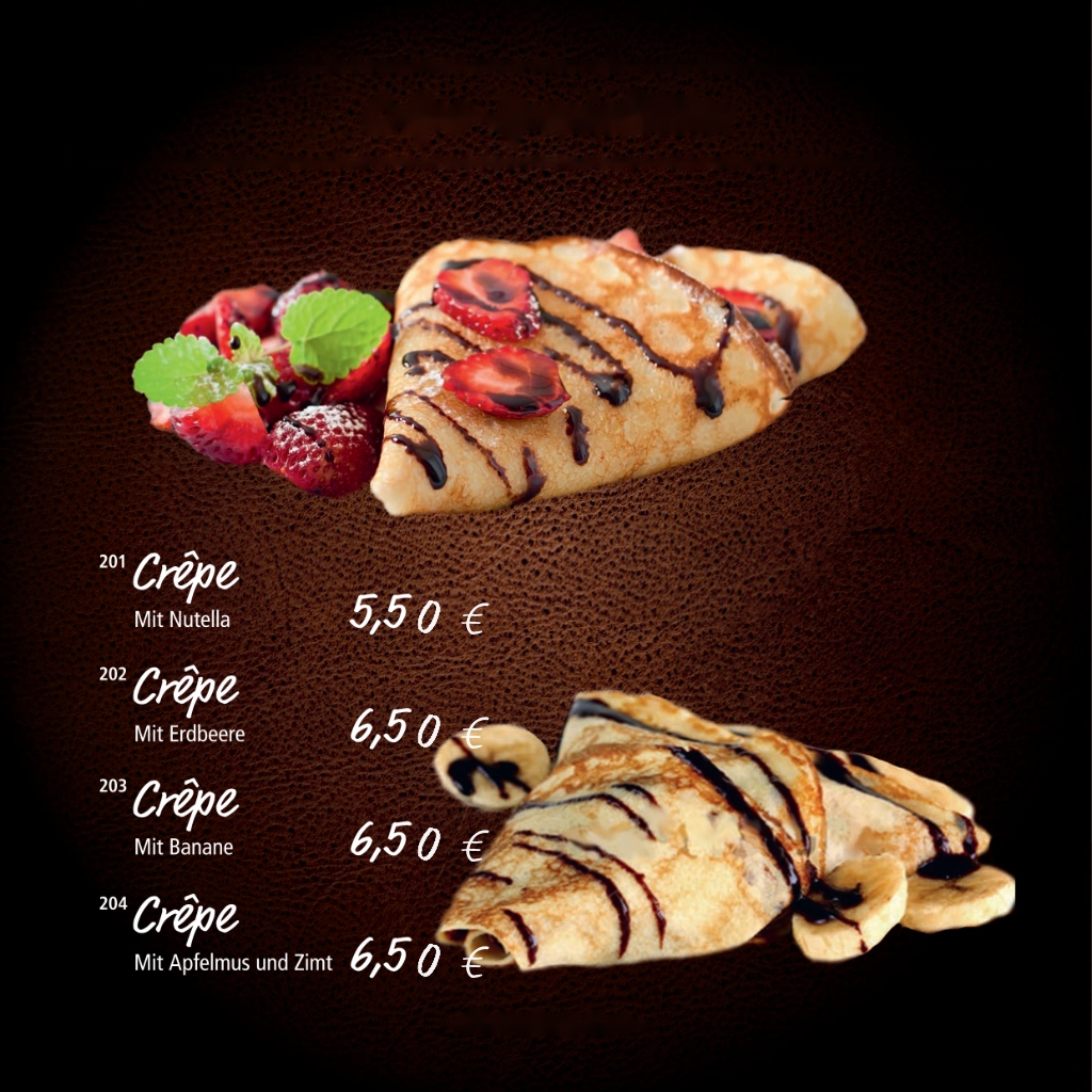 Crêpe-Spezialitäten (Crêpes mit Nutella, Erdbeere, Banane, Apfelmus)