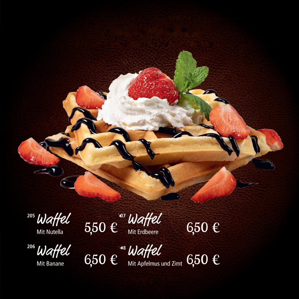 Waffel-Spezialitäten (Waffeln mit Nutella, Banane, Erdbeere, Apfelmus)