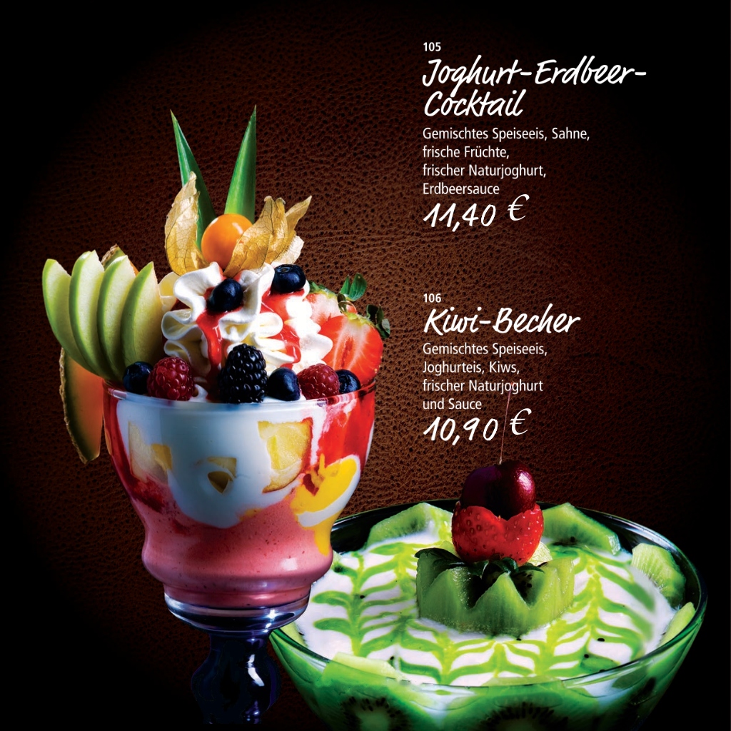 Eisbecher-Spezialitäten (Joghurt-Erdbeer-Cocktail & Kiwi-Becher)