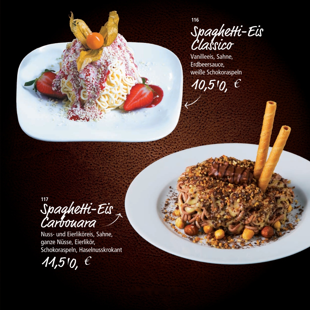 Eisbecher-Spezialitäten (Spaghetti-Eis Classico & Carbonara)